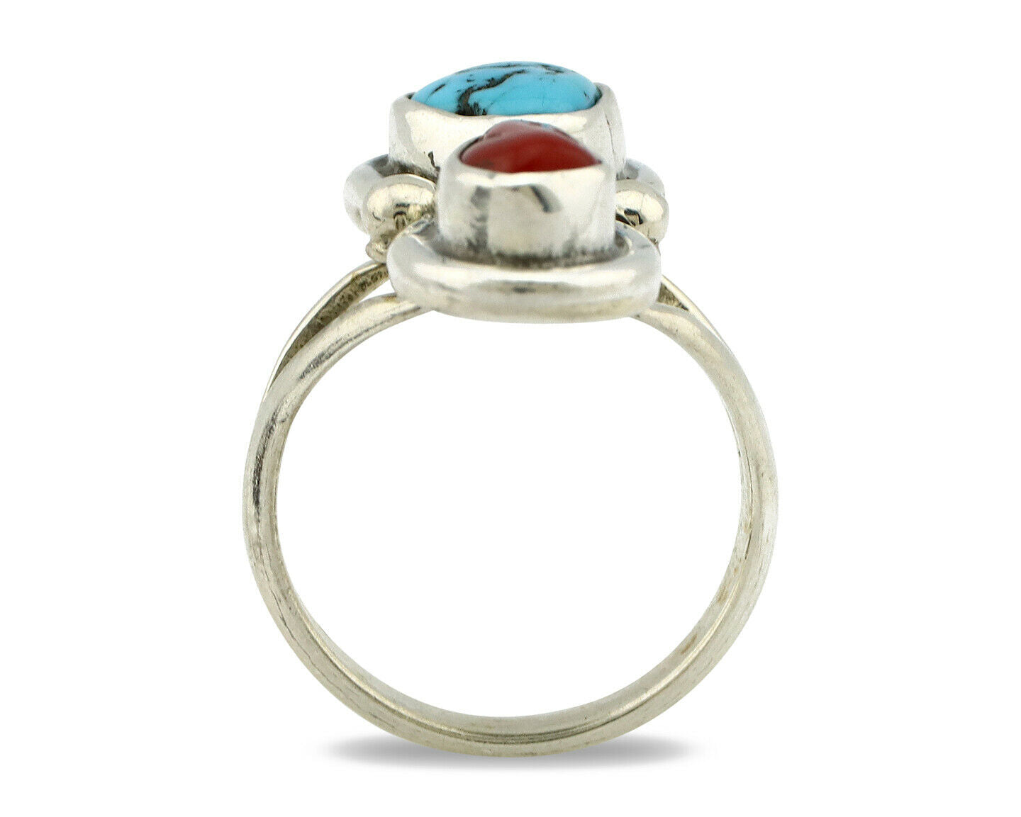 Navajo Ring .925 Silver Red Coral & Blue Turquoise Native Artist C.80's