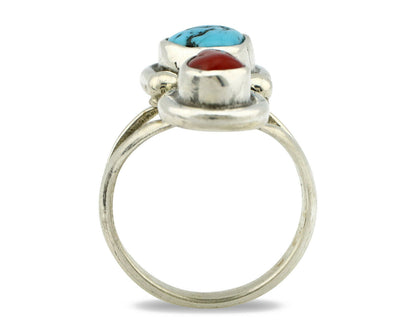 Navajo Ring .925 Silver Red Coral & Blue Turquoise Native Artist C.80's