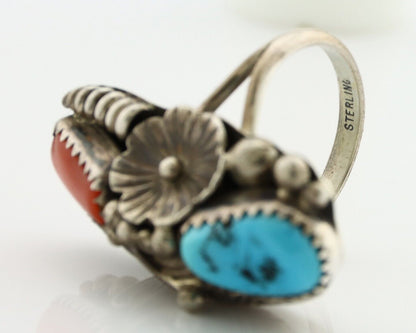 Navajo Handmade Ring 925 Silver Turquiose & Coral Native American Artist C.80's