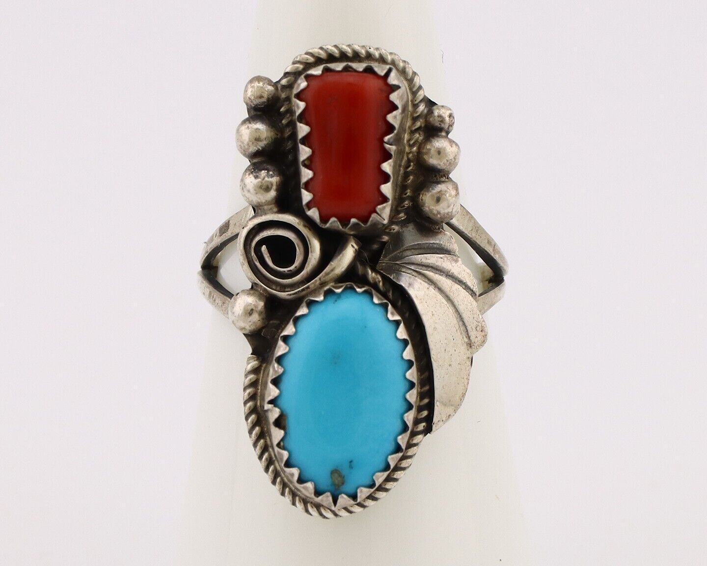 Navajo Ring 925 Silver Blue Turquiose & Mediterranean Coral Native Artist C.80's
