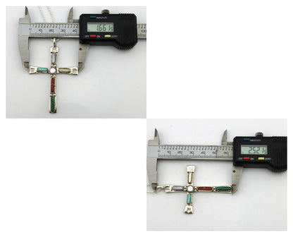 Zuni Handmade Cross Necklace 925 Silver Natural Gemstone Signed C. IULE C.80's