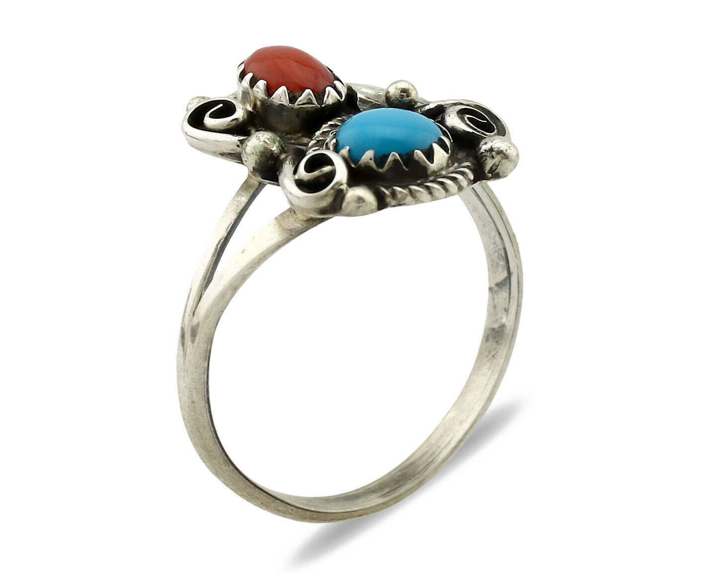 Navajo Ring .925 Silver Morenci Turquoise & Coral Native Artist Signed JM C.80's
