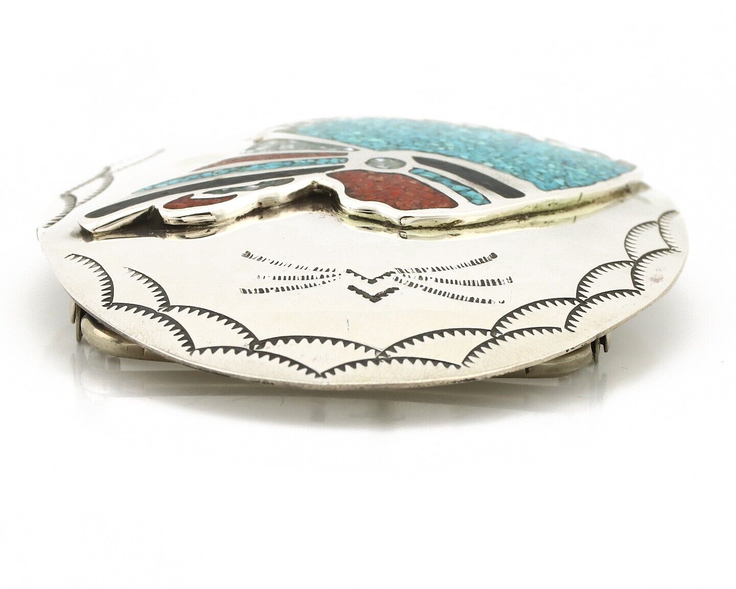 Navajo Belt Buckle 925 Silver Handmade Chip Inlay Artist Signed CP C.80s