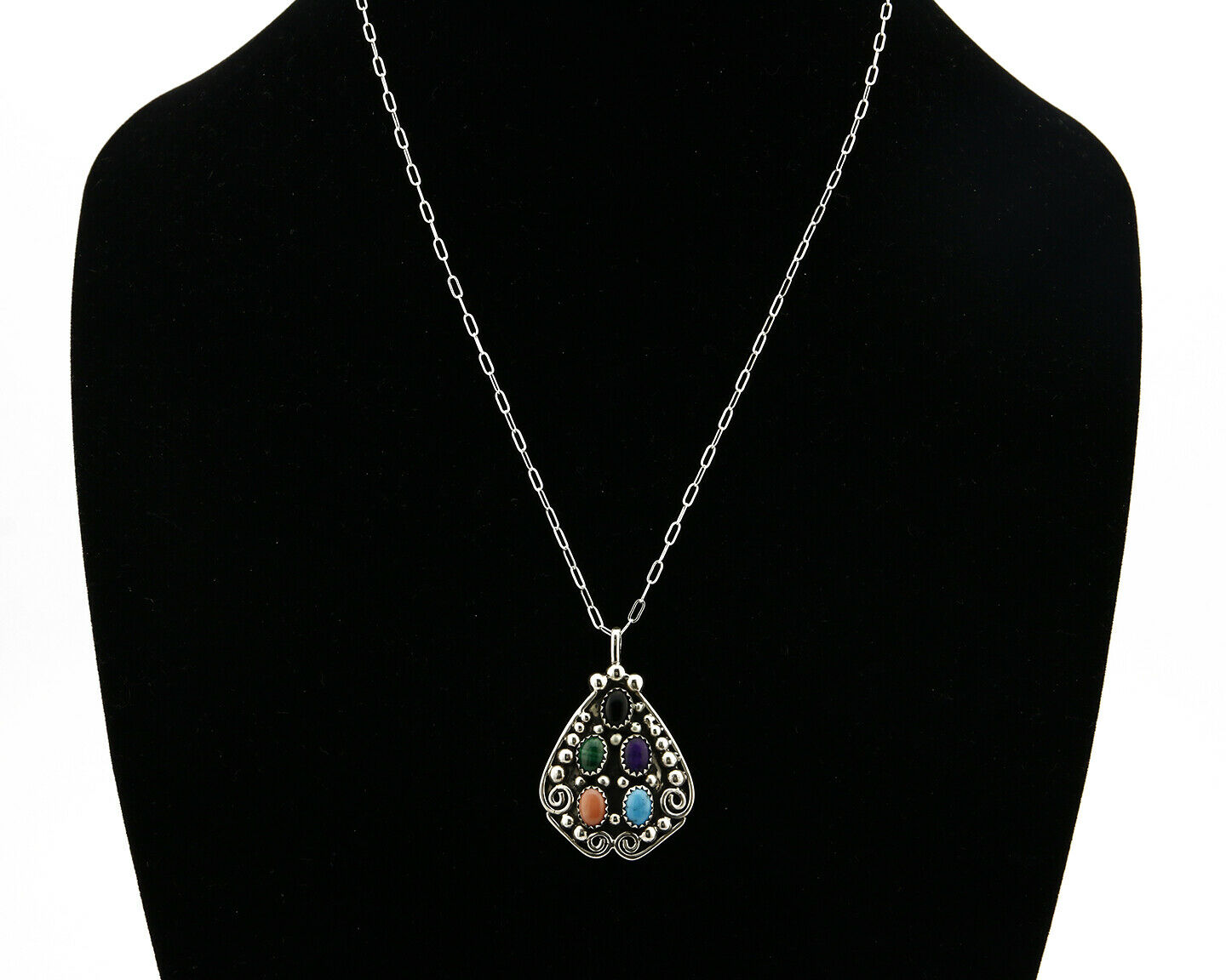 Women's Navajo Necklace .925 Silver Turquoise, Onyx, Sugilite, Malachite, Coral