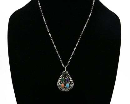 Women's Navajo Necklace .925 Silver Turquoise, Onyx, Sugilite, Malachite, Coral