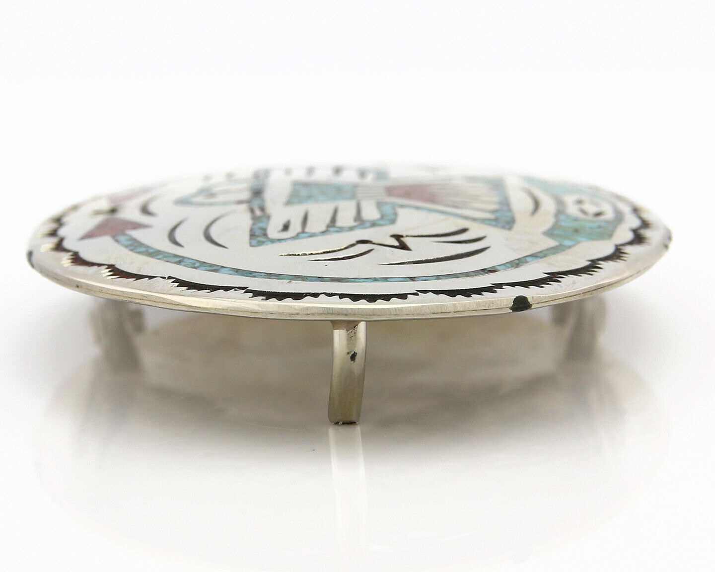 Navajo Belt Buckle .999 Nickle Silver Turquoise Coral Signed SD C.80's