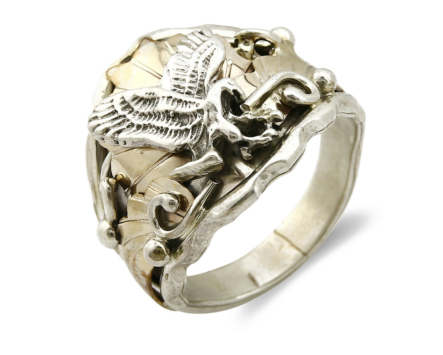 Navajo Eagle Ring .925 SOLID Silver & 12K GF Handmade Signed Artist S Circa 1980