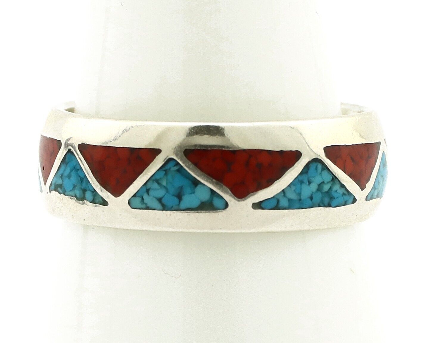 Navajo Chip Inlay Ring 925 Silver Sleeping Beauty Turquoise & Coral Silver Cloud