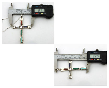 Zuni Handmade Cross Necklace 925 Silver Natural Gemstone Signed C. IULE C.80's