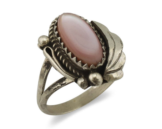 Navajo Ring .925 Silver Natural Pink Mussel Artist Signed Justin Morris C.80's