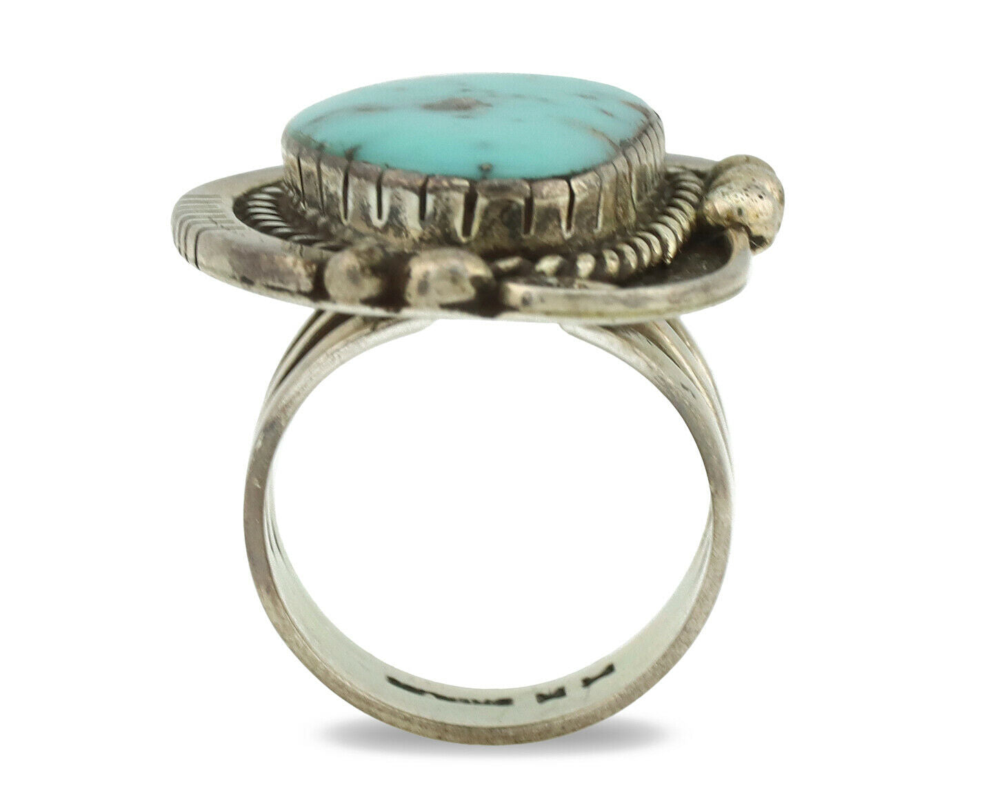 Navajo Ring .925 Silver Morenci Turquoise Artist Signed MN C.1980's