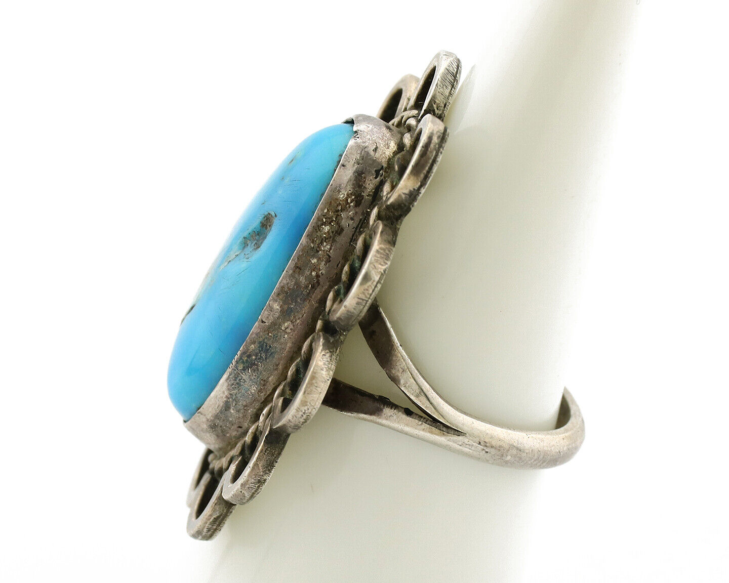 Navajo Ring .925 Silver Globe Turquoise Hand Stamped Native American Artist C80s