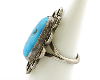 Navajo Ring .925 Silver Globe Turquoise Hand Stamped Native American Artist C80s