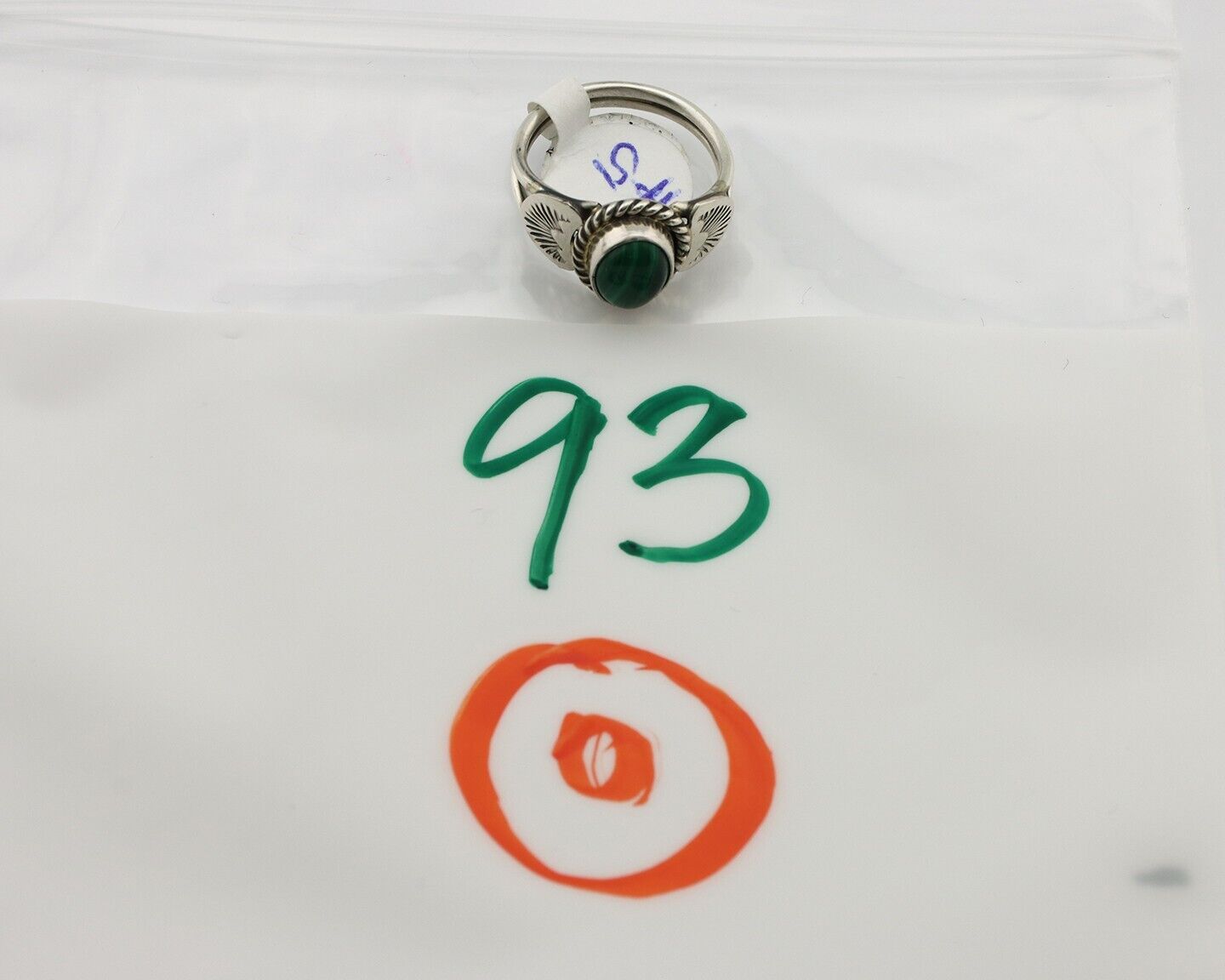 Navajo Ring .925 Silver Malachite Hand Stamped Native American Artist C.80's