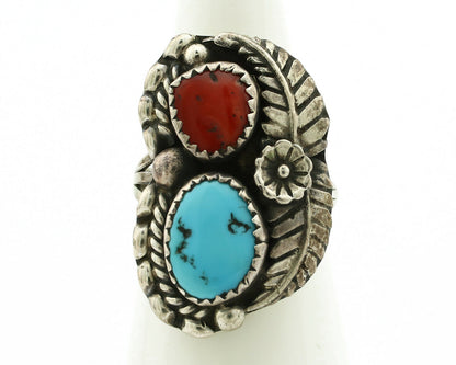 Navajo Ring .925 Silver Turquoise & Coral Artist Signed Thomas Singer C.80's