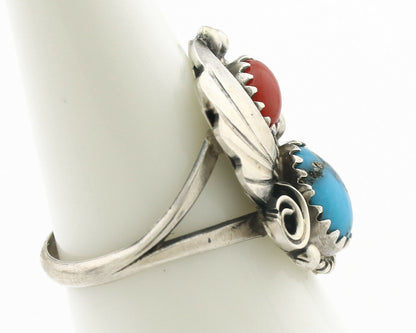 Navajo Ring .925 Silver Morenci Turquoise & Coral Native Artist Signed JM C.80's