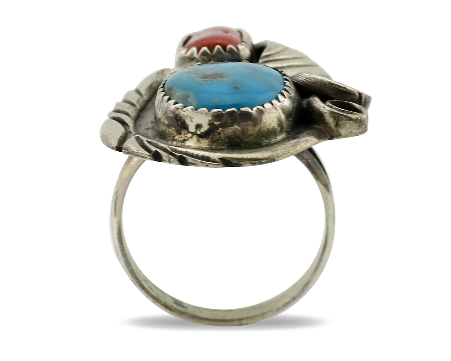 Navajo Ring 925 Silver Turquoise & Coral Artist Signed Native American C.80s