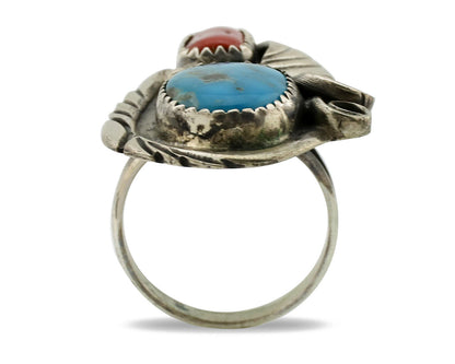 Navajo Ring 925 Silver Turquoise & Coral Artist Signed Native American C.80s