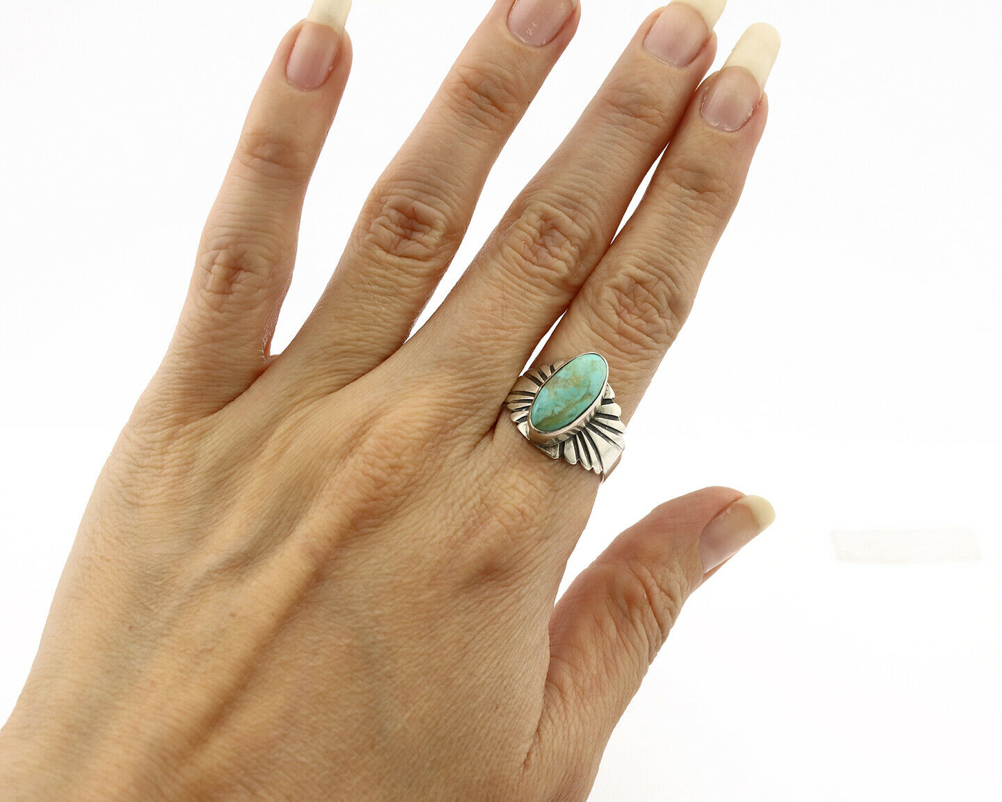 Navajo Ring .925 Silver Kingman Turquoise Artist Signed Apache C.80's