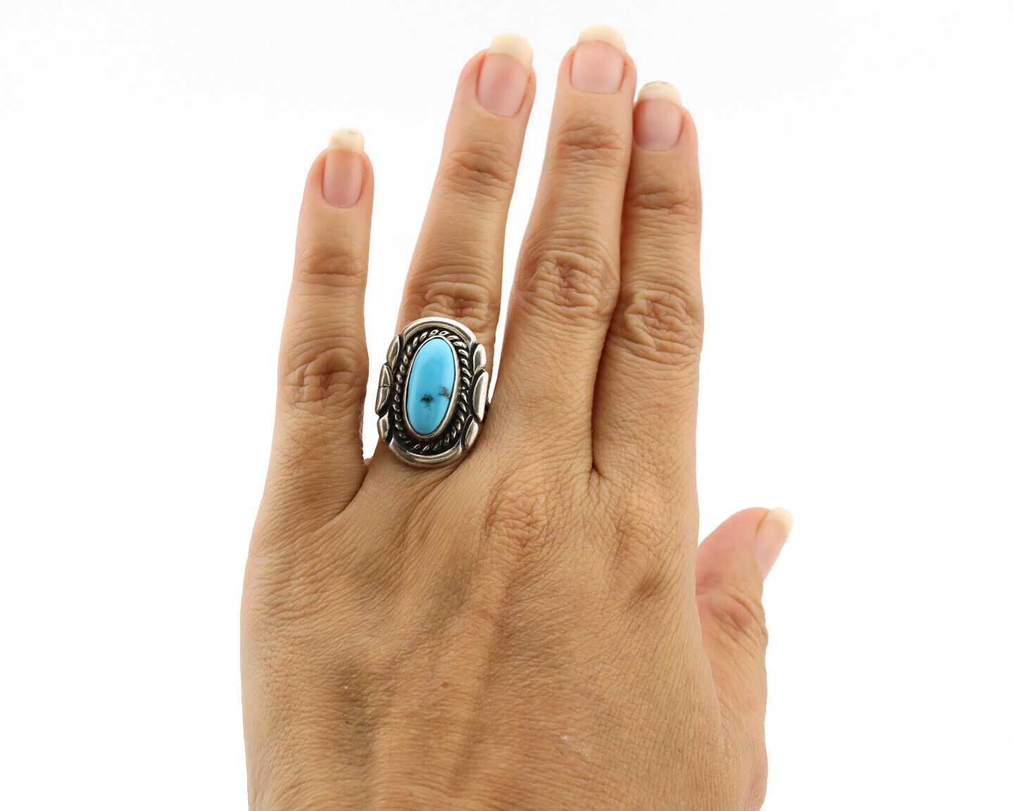 Navajo Ring .925 Silver Sleeping Beauty Turquoise Artist Signed M Montoya C.80's