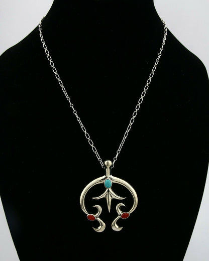 Navajo Necklace .925 Silver Natural Red Coral Turquoise Artist Native C.80's