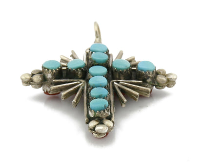 Zuni REAL Turquoise and Coral Reversible 925 Silver Handmade Cross Pendant