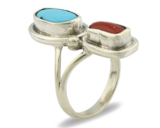 Navajo Ring .925 Silver Blue Turquoise & Red Coral Native American Artist C.80's