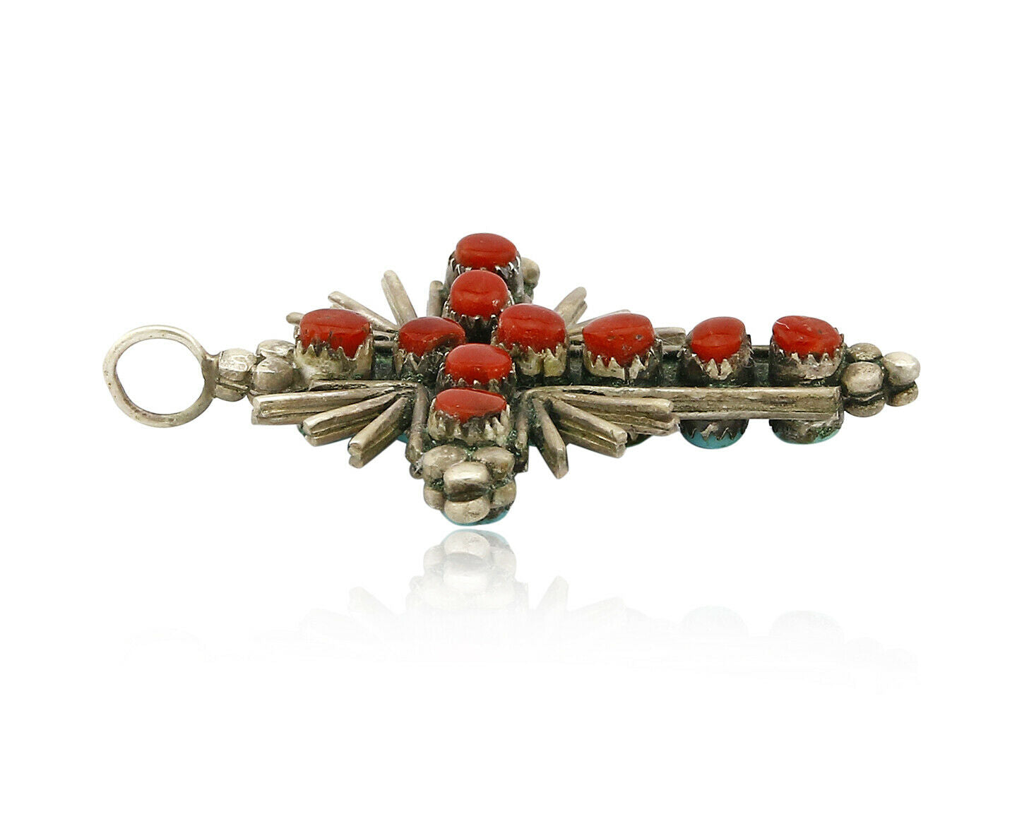 Zuni REAL Turquoise and Coral Reversible 925 Silver Handmade Cross Pendant