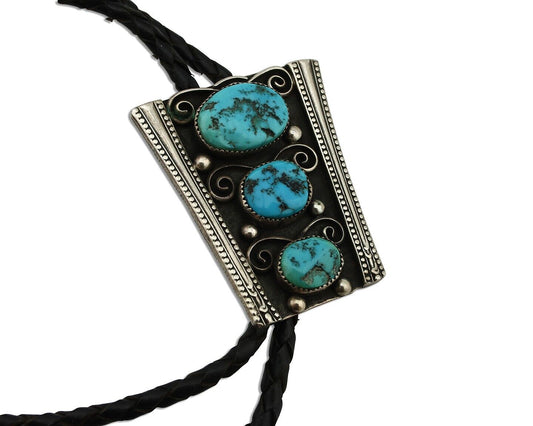 Navajo Bolo Necktie 925 Silver Sleeping B Turquoise Native American Artist C.80s