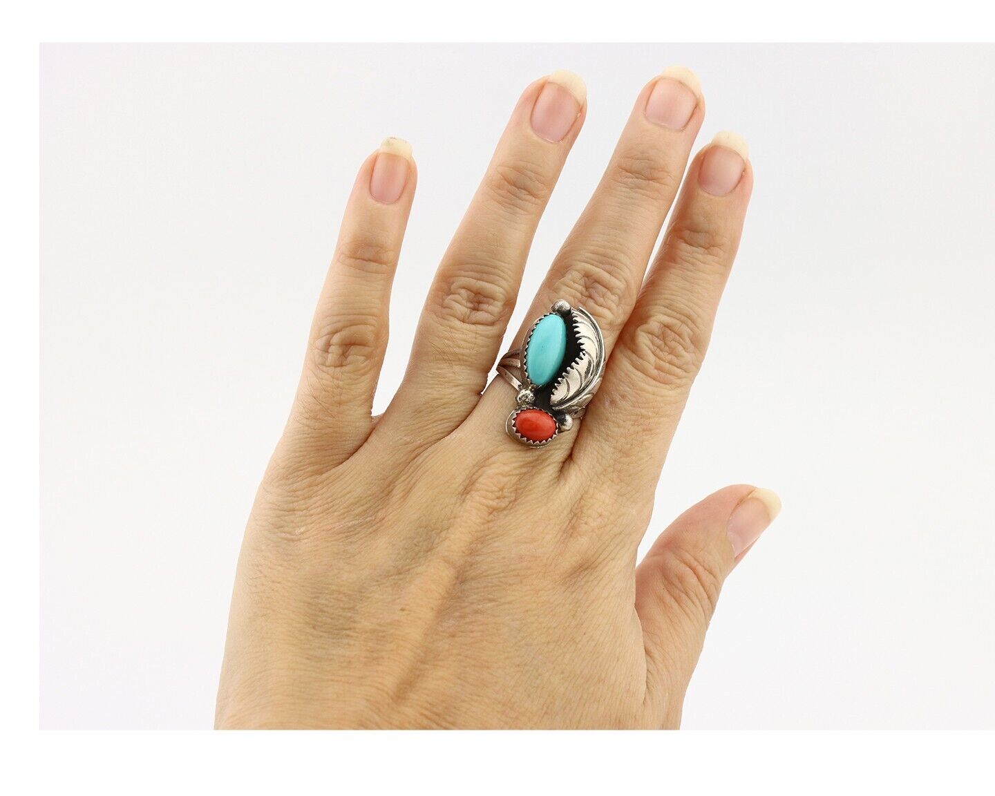 Navajo Handmade Ring 925 Silver Turquiose & Coral Native American Artist C.80's
