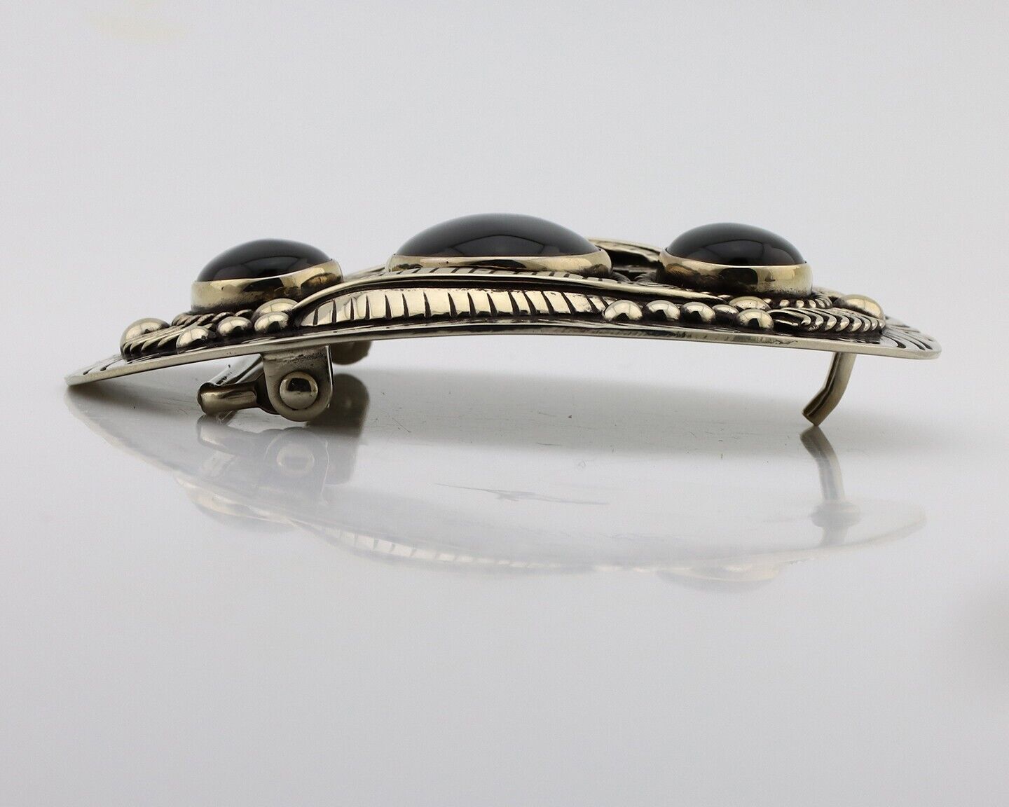 Men Navajo Belt Buckle .999 Nickel Onyx Artist Signed Teepee Handmade C.1980's