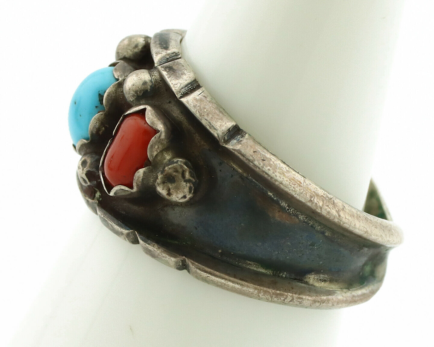Zuni Ring .925 Silver Turquoise & Coral Artist Signed Milton Lasillo C.80's