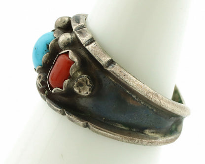 Zuni Ring .925 Silver Turquoise & Coral Artist Signed Milton Lasillo C.80's