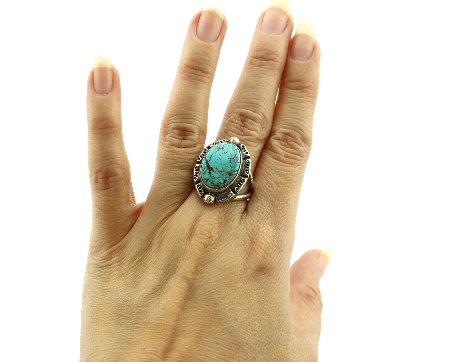 Navajo Ring .925 Silver Blue Spiderweb Turquoise Signed Gecko C.1980's