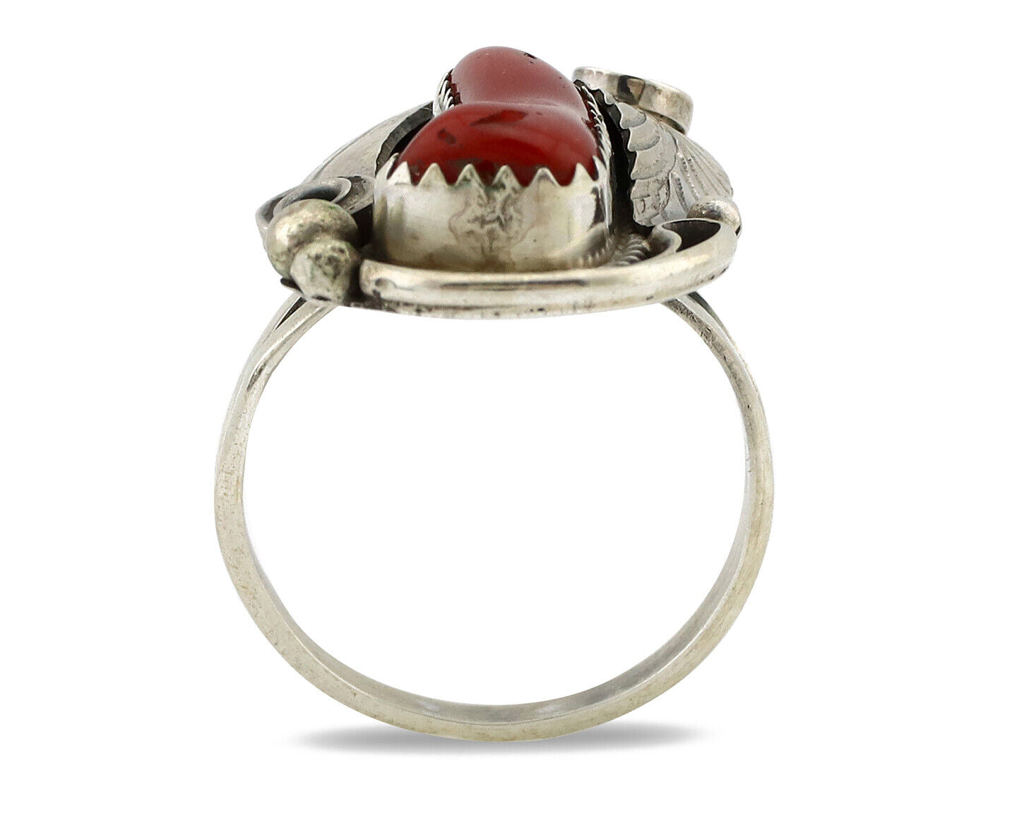 Navajo Ring 925 Silver Mediterranean Coral Artist Signed Justin Morris C.80's