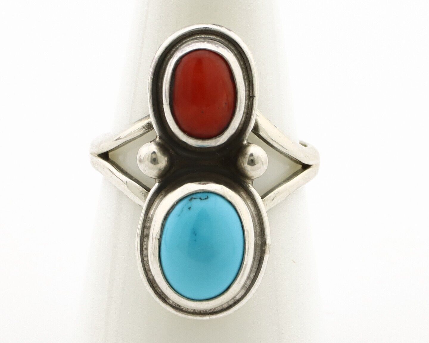 Navajo Handmade Ring 925 Silver Coral & Turquoise Native American Artist C.80's