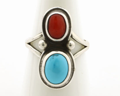 Navajo Handmade Ring 925 Silver Coral & Turquoise Native American Artist C.80's