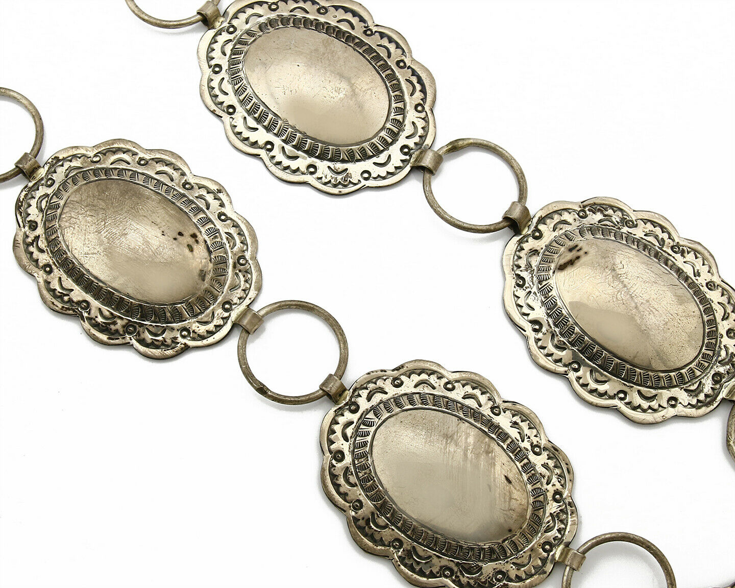 C.1980's Navajo Signed Marcella James .925 Silver Hand Stamped Concho Belt