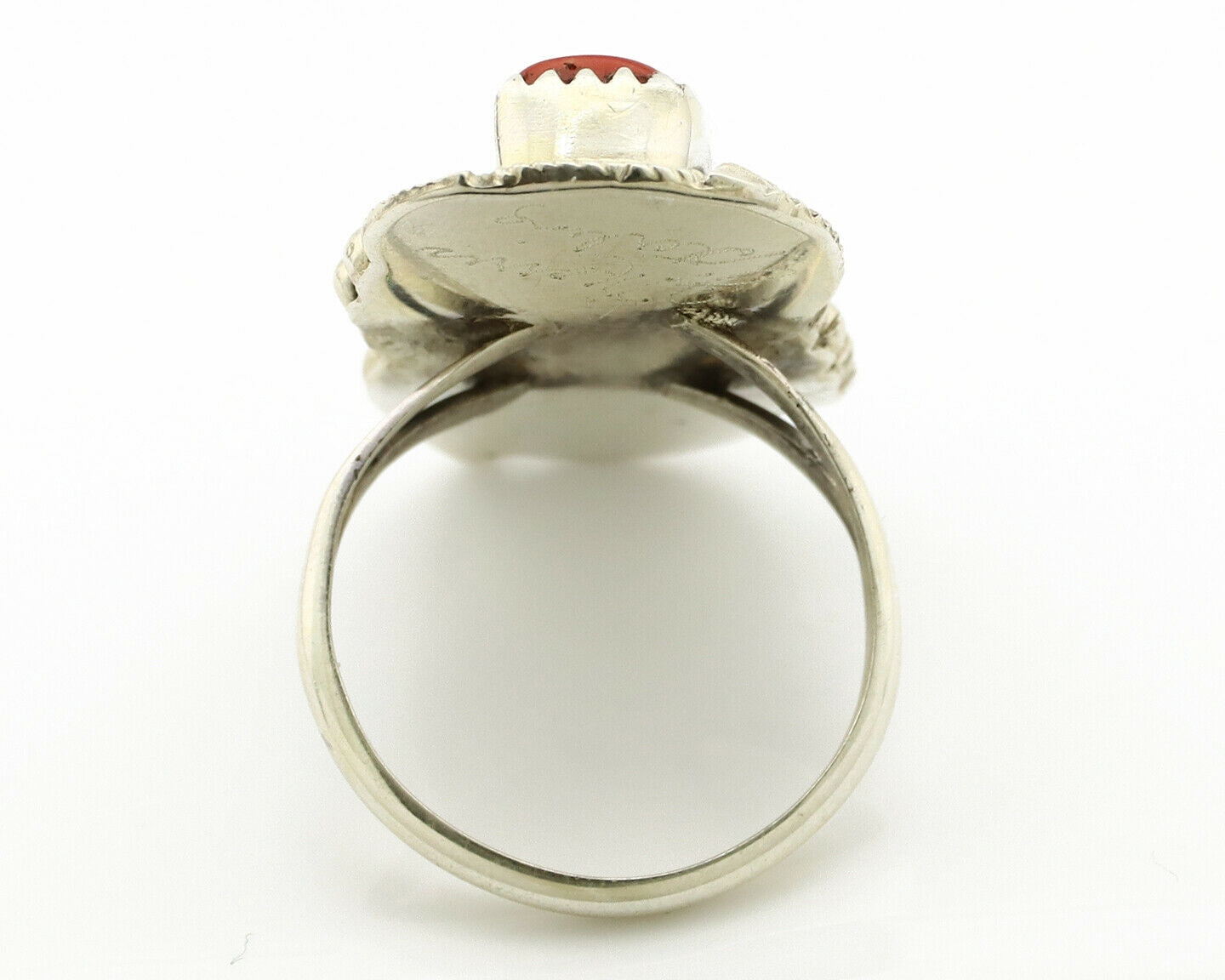 Navajo Ring .925 Silver Turquoise & Coral Artist Signed Justin Morris C.1980's