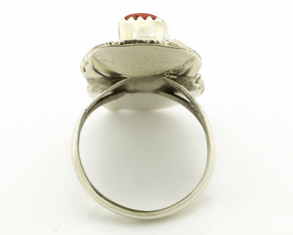 Navajo Ring .925 Silver Turquoise & Coral Artist Signed Justin Morris C.1980's