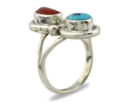 Navajo Ring .925 Silver Red Coral & Blue Turquoise Native Artist C.80's