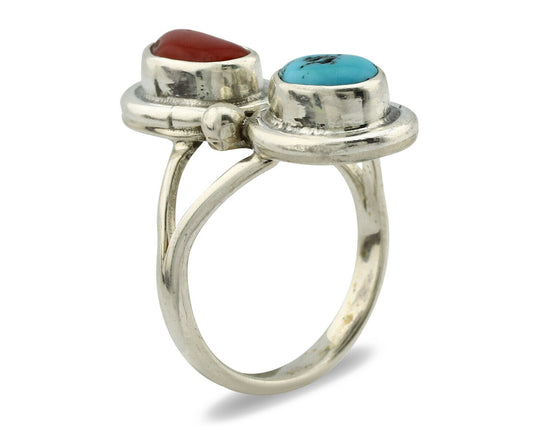 Navajo Ring .925 Silver Red Coral & Blue Turquoise Native Artist C.80's