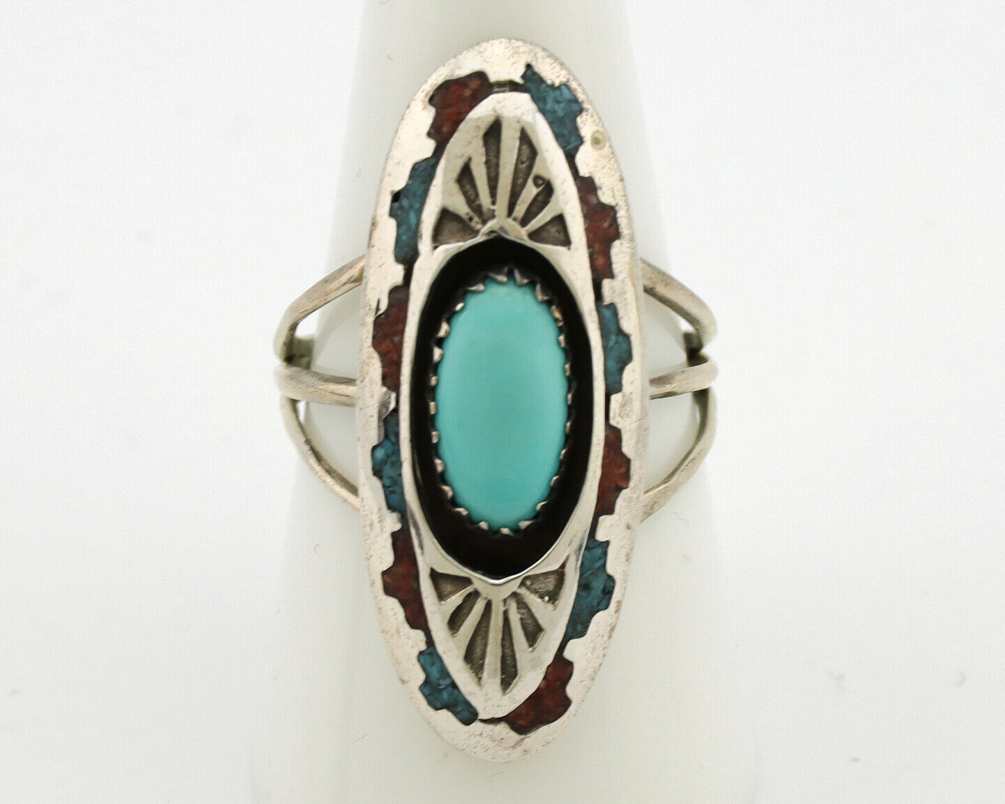 Navajo Ring 925 Silver Turquoise & Coral Signed Circle JW C.80s
