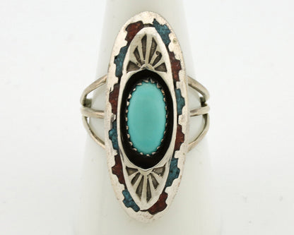 Navajo Ring 925 Silver Turquoise & Coral Signed Circle JW C.80s