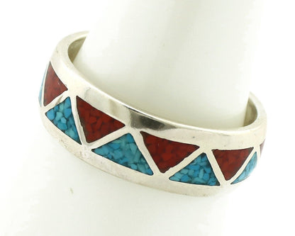 Navajo Chip Inlay Ring 925 Silver Sleeping Beauty Turquoise & Coral Silver Cloud