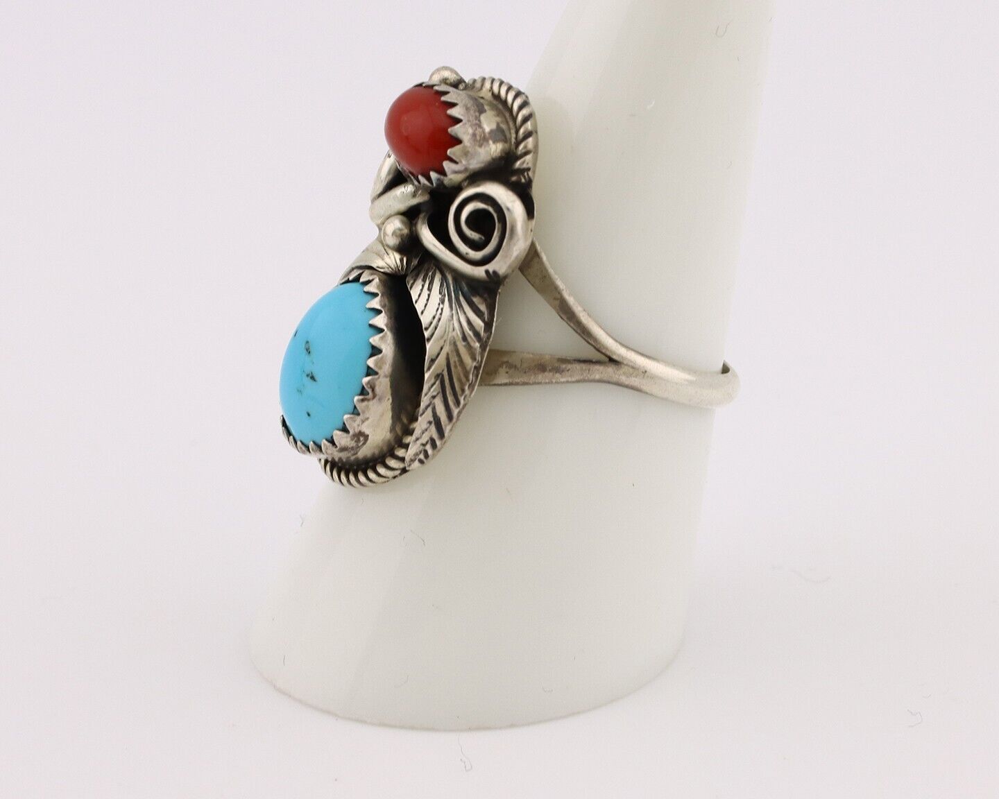 Navajo Ring 925 Silver Blue Turquiose & Coral Artist Signed Justin Morris C.80's
