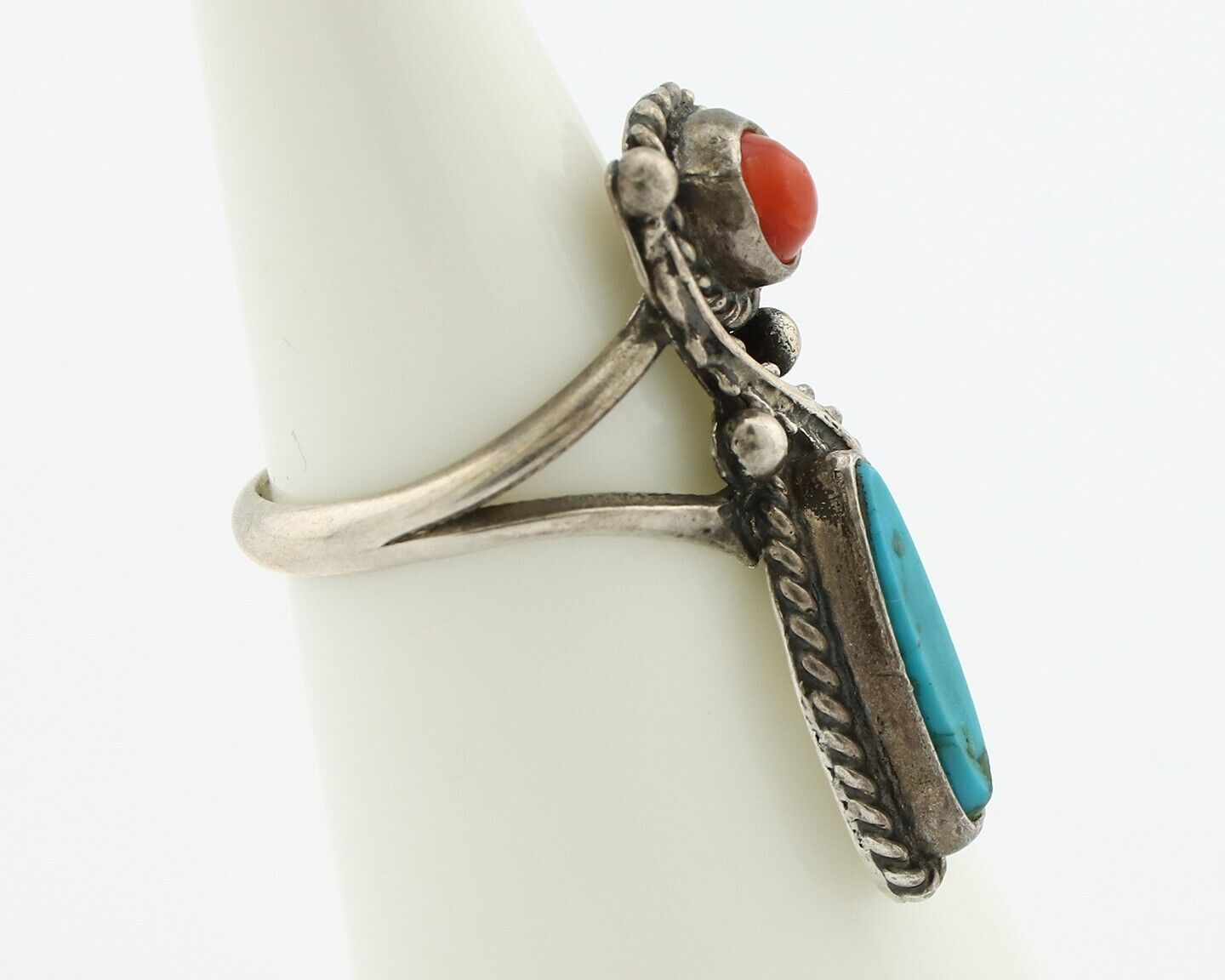 Navajo Handmade Ring 925 Silver Turquiose & Coral Native American Artist C.80's