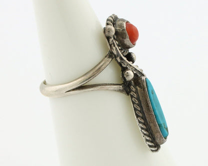 Navajo Handmade Ring 925 Silver Turquiose & Coral Native American Artist C.80's