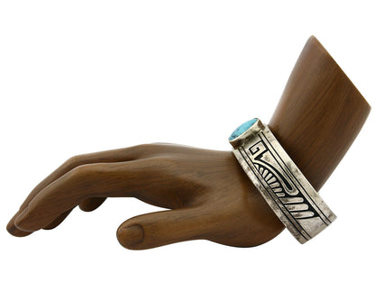 Navajo Bracelet .925 Silver Natural Blue Turquoise Signed RJ C.80's