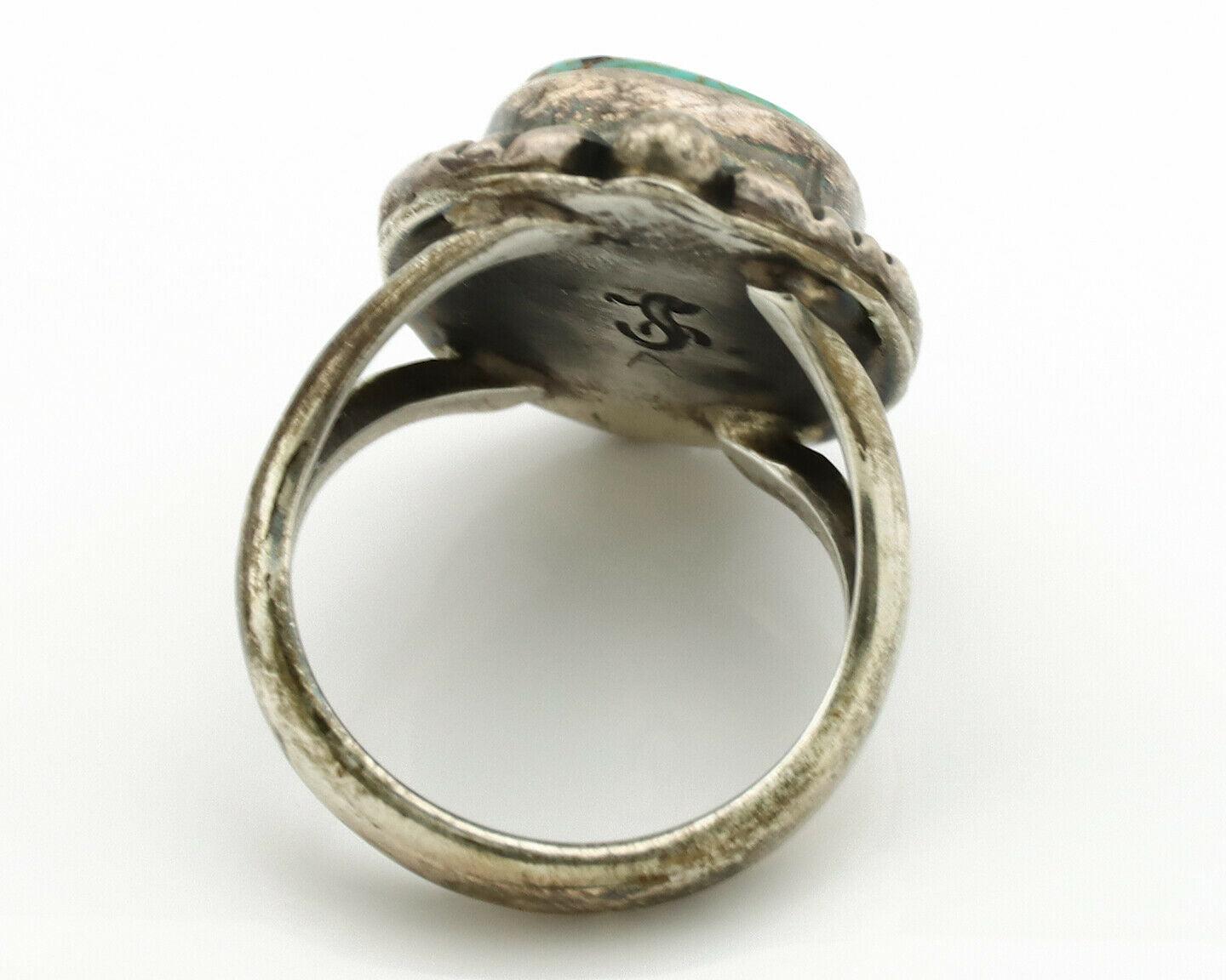 Navajo Ring .925 Silver Kingman Turquoise Artist Signed Gecko C.1980's